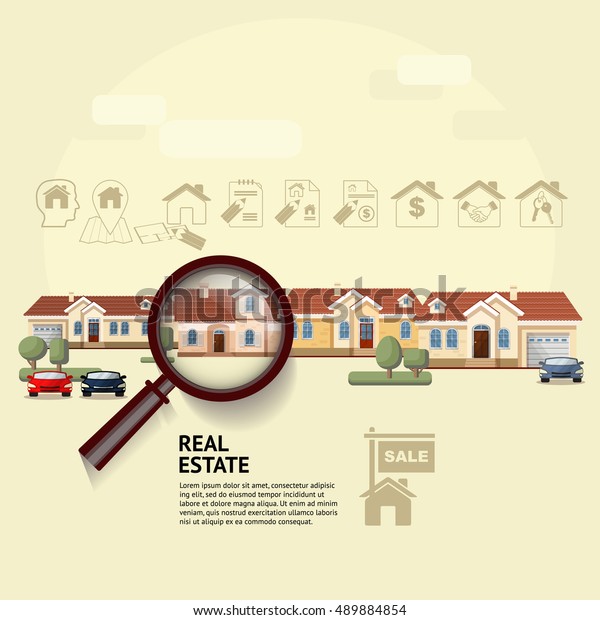 House under magnifying glass. Vector illustration of\
real estate concept with magnifying glass, icons and  house.\
Suitable for posters, flyers or advertisement of real estate agents\
and location. 