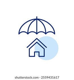 House under open umbrella. Safe home, insurance and extensive coverage and protection. Pixel perfect, editable stroke icon