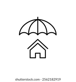 House under open umbrella. Safe home, insurance and extensive coverage and protection. Pixel perfect vector icon