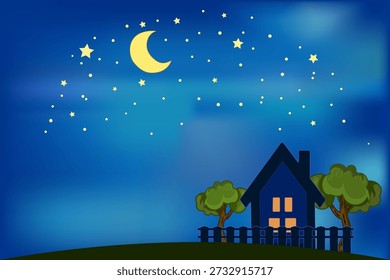 Casa sob o céu estrelado da noite. Paisagem noturna tranquila com pequena casa rodeada por árvores e cerca. O céu brilha com lua crescente e muitas estrelas pequenas.  As luzes estão acesas nas janelas da casa, criando uma atmosfera acolhedora e tranquila. Para canções de ninar ou design com tema de sono. Banco de ilustração vetorial