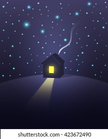 House under a starry sky. Vector illustration