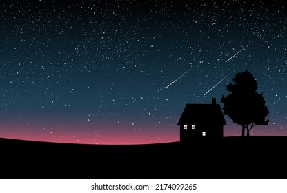 House under thousands of stars. Shooting stars in night sky