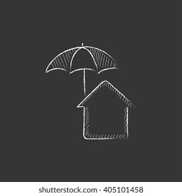 House under umbrella. Drawn in chalk icon.