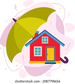 The house is under an umbrella. Housing insurance. Security in the house. Flat vector illustration.