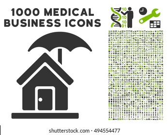 House under Umbrella icon with 1000 medical business eco green and gray vector pictograms. Collection style is flat bicolor symbols, white background.