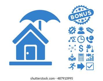 House under Umbrella icon with bonus images. Vector illustration style is flat iconic symbols, cobalt color, white background.