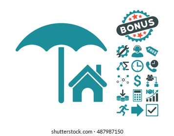 House under Umbrella icon with bonus clip art. Vector illustration style is flat iconic bicolor symbols, soft blue colors, white background.