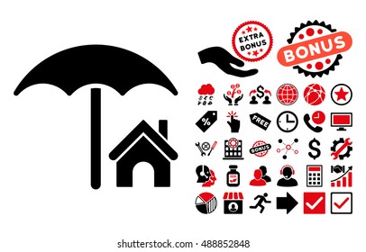 House under Umbrella icon with bonus symbols. Vector illustration style is flat iconic bicolor symbols, intensive red and black colors, white background.
