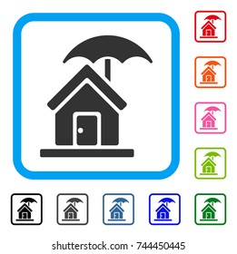 House Under Umbrella icon. Flat gray pictogram symbol inside a blue rounded rectangular frame. Black, gray, green, blue, red, orange color variants of House Under Umbrella vector.