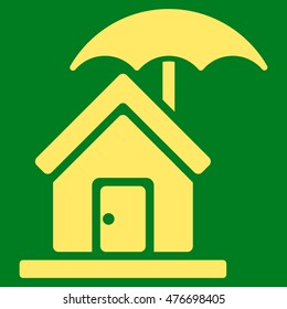 House under Umbrella icon. Vector style is flat iconic symbol, yellow color, green background.