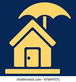 House under Umbrella icon. Vector style is flat iconic symbol, yellow color, blue background.