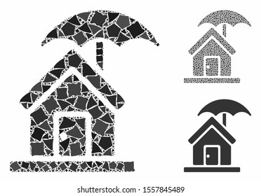 House under umbrella mosaic of bumpy pieces in different sizes and shades, based on house under umbrella icon. Vector irregular pieces are grouped into mosaic.