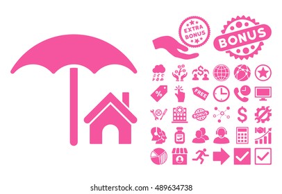 House under Umbrella pictograph with bonus pictures. Vector illustration style is flat iconic symbols, pink color, white background.