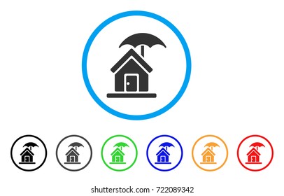 House Under Umbrella rounded icon. Style is a flat house under umbrella grey symbol inside light blue circle with black, gray, green, blue, red, orange versions.
