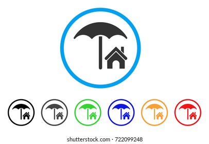 House Under Umbrella rounded icon. Style is a flat house under umbrella grey symbol inside light blue circle with black, gray, green, blue, red, orange variants.