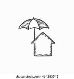 House under umbrella vector sketch icon isolated on background. Hand drawn House under umbrella icon. House under umbrella sketch icon for infographic, website or app.