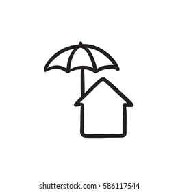 Haus unter einem Schirm, Vektorgrafik Symbol einzeln auf Hintergrund. Handgezeichnetes Haus unter Schirmsymbol. Haus unter Schirmskizze für Infografik, Website oder App.