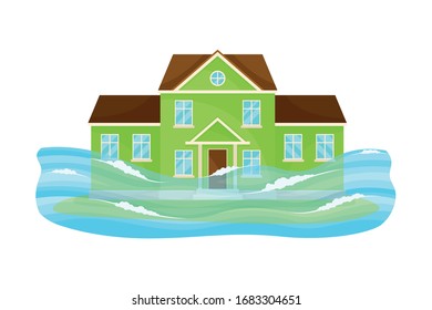 House Undergoing Natural Disaster Like Overflow Water Vector Illustration