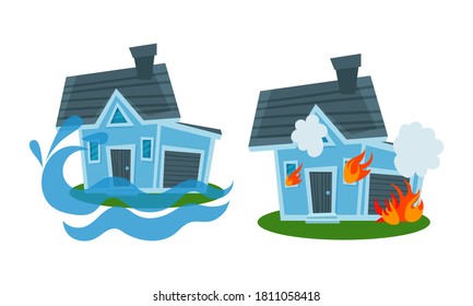 House Undergoing Natural Hazard Like Fire and Flood Vector Illustration Set