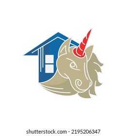house and unicorn logo design simple modern.