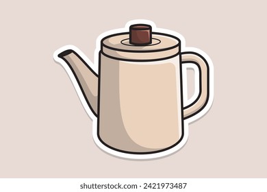 Ilustración vectorial de diseño de pegatinas de Tea Kettle único de la casa. Concepto de icono de objeto interior de cocina. Cocina Tetera con diseño de pegatinas de tapa cerrada con sombra. Icono de diseño vectorial de hervidor de arcilla.