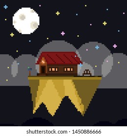 House in the universe, soaring house in space, house on the rock pixel art illustration