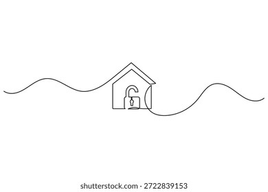 Casa con candado desbloqueado, dibujo de línea continua única