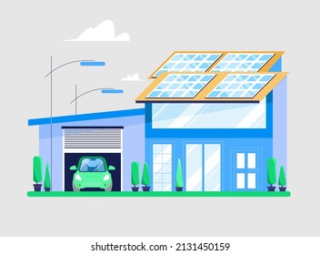 House using green renewable energy, solar panels for energy and electricity, garage with a car inside. Vector illustration in flat style. 
