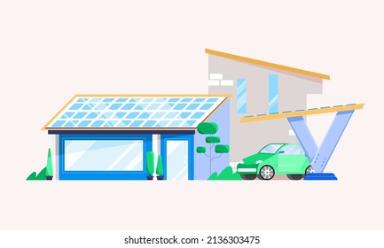 Haus mit erneuerbaren Energien, Solarpaneele. Vektorgrafik im Flachstil. Geschützter Ort, Garage mit Auto im Inneren, Draufsicht