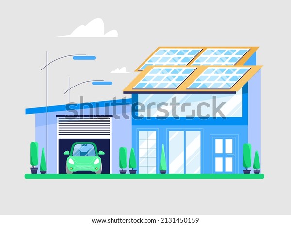 House using green renewable energy, solar panels\
for energy and electricity, garage with a car inside. Vector\
illustration in flat style.\
