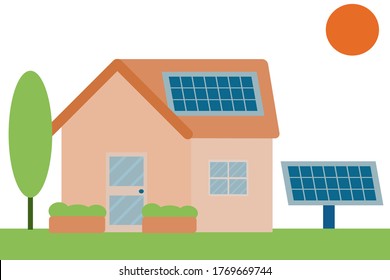 House using renewable energy from solar roof and solar panel on the ground. Renewable energy house concept.