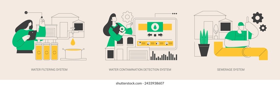 House utilities abstract concept vector illustration set. Water filtering system, contamination detection, sewerage wastewater collection, septic system, smart home sensor abstract metaphor.