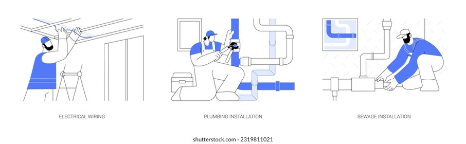 House utility infrastructure abstract concept vector illustration set. Electrical wiring, plumbing and sewage installation, water supply pipes, residential area construction abstract metaphor.