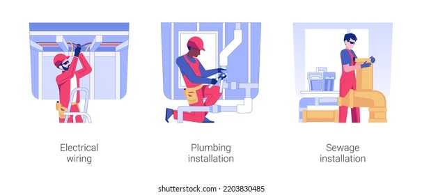 House Utility Infrastructure Isolated Concept Vector Illustration Set. Electrical Wiring, Plumbing And Sewage Installation, Water Supply Pipes, Residential Area Construction Vector Cartoon.