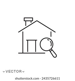 house valuation icon, inspection dwelling with magnifying glass, home search, property buy, thin line symbol isolated on white background, editable stroke eps 10 vector illustration