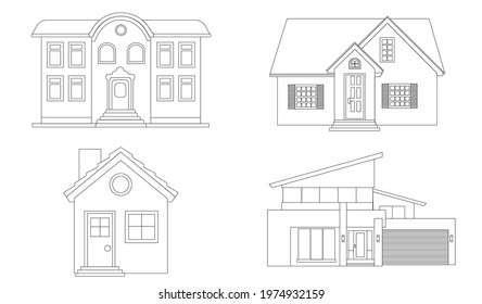 House vector 2 (Outline) ,houses exterior vector illustration front view ,residential buildings of different styles