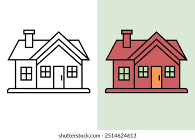 Uma ilustração de clip-art com vetor de casa retrata uma representação simplificada e estilizada de uma casa, projetada usando linhas limpas e cores planas. A ilustração inclui telhado, janelas, portas e escadas.