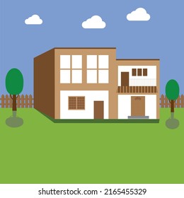 House Vector Design with blue sky white clouds and green trees and grass in the courtyard.