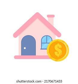 Vector de casa con moneda de dólar, aislado en fondo blanco. 