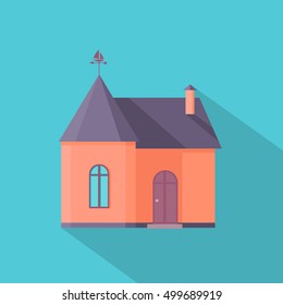 House vector in flat style. Home icon with long shadow. Cottage picture for real estate, building concepts, web, app pictogram, infographics,  logotype design. On blue background.  
