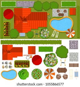 House vector home building or property construction exterior with green garden lawn and pool illustration set of residential housetop with roof and gardening isolated on white background
