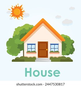 Casa Vector, Casa con árboles al lado, Al aire libre, Árbol de dibujos animados
