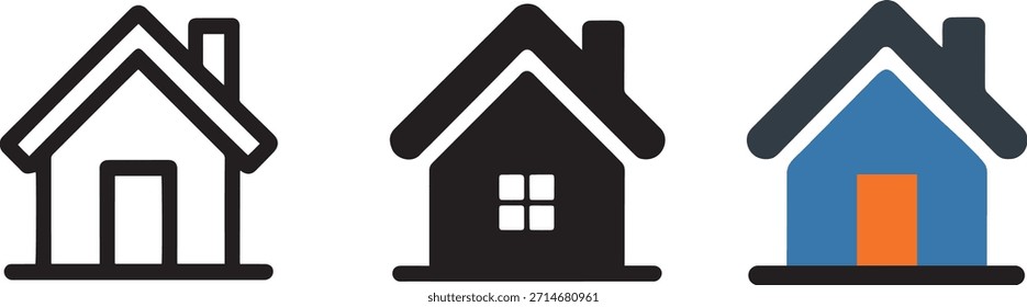 Conjunto de iconos de Vector de la casa en diseños de contorno, sólidos y coloridos. Símbolo de casa para temas de bienes raíces, construcción y propiedad