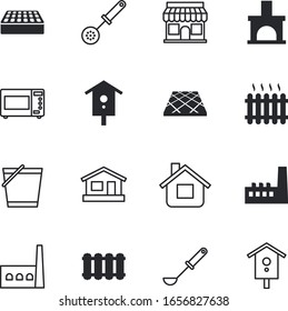 house vector icon set such as: bucketful, storefront, flame, button, display, tile, ceramic, build, line, 3d, cleanup, burn, firewood, retail, trowel, appliance, pattern, iron, health, natural, wall
