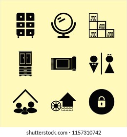 house vector icons set. with cabinet, wc, mirror and water mill in set