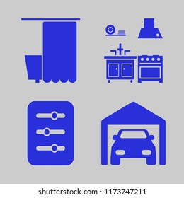 house vector icons set. with kitchen, private garage, filter and bathroom in set
