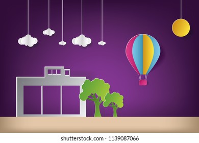 House vector illustration with cloud origami and hot balloon air. Paper art and craft style.