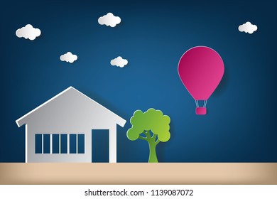 House vector illustration with cloud origami and hot balloon air. Paper art and craft style.