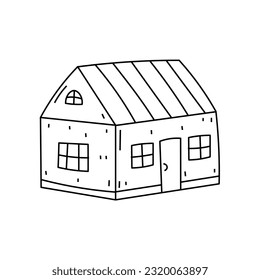 House vector illustration doodle. One floor building with windows, door, roof