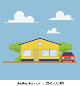 house vector illustration front view with car, trees, and blue sky background. flat design style